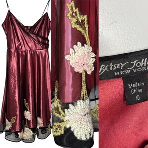Betsey Johnson Burgundy and Black Floral Midi Slip Dress with embroidery size 10